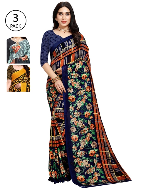 

KALINI Pack Of 3 Grey & Navy Blue Floral Saree