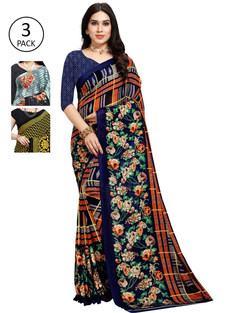

KALINI Pack of 3 Poly Georgette Sarees, Orange