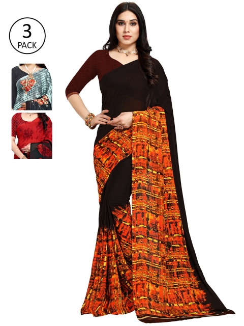 

KALINI Pack of 3 Poly Georgette Sarees, Red