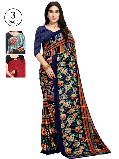 

KALINI Pack of 3 Poly Georgette Saree, Blue