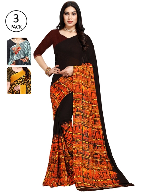 

KALINI Pack of 3 Poly Georgette Sarees, Black