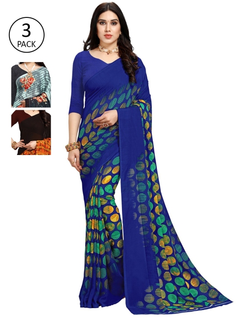 

KALINI Pack of 3 Poly Georgette Sarees, Blue