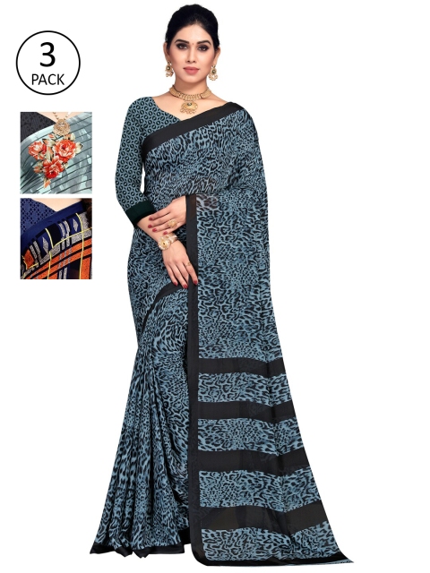 

KALINI Pack of 3 Poly Georgette Saree, Blue