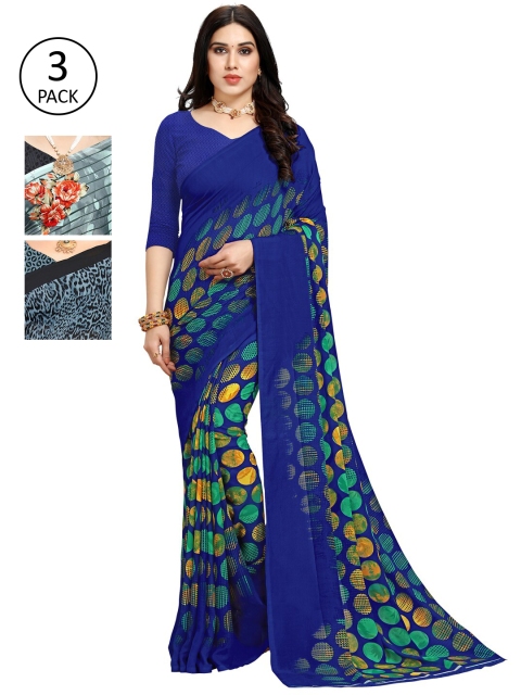 

KALINI Pack of 3 Poly Georgette Saree, Blue