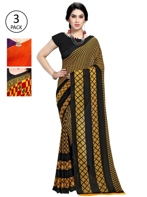 

KALINI Pack of 3 Poly Georgette Saree, Orange