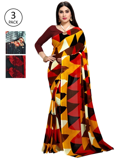 

KALINI Pack of 3 Poly Georgette Saree, Red