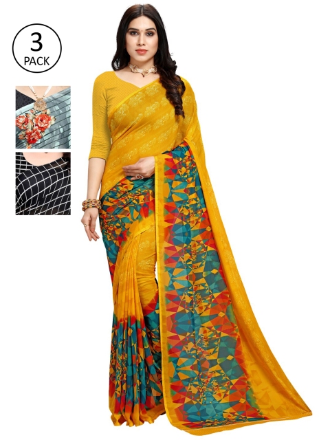 

KALINI Pack Of 3 Yellow & Black Saree