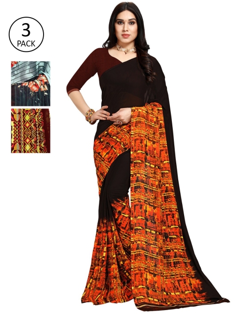 

KALINI Pack of 3 Poly Georgette Saree, Black