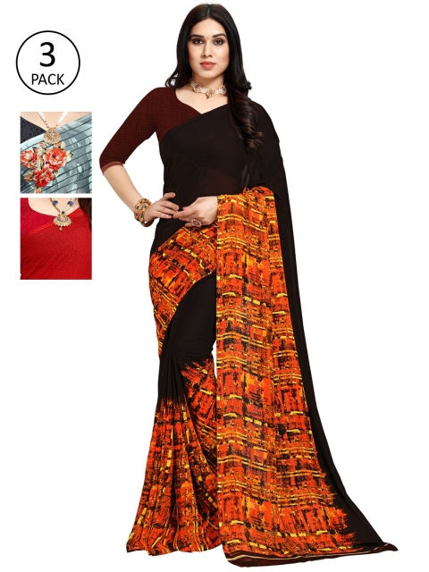 

KALINI Pack of 3 Poly Georgette Saree, Black