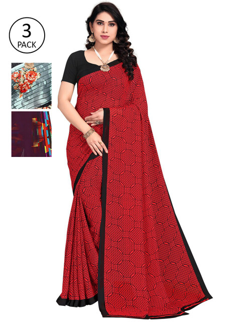 

KALINI Pack of 3 Poly Georgette Saree, Red