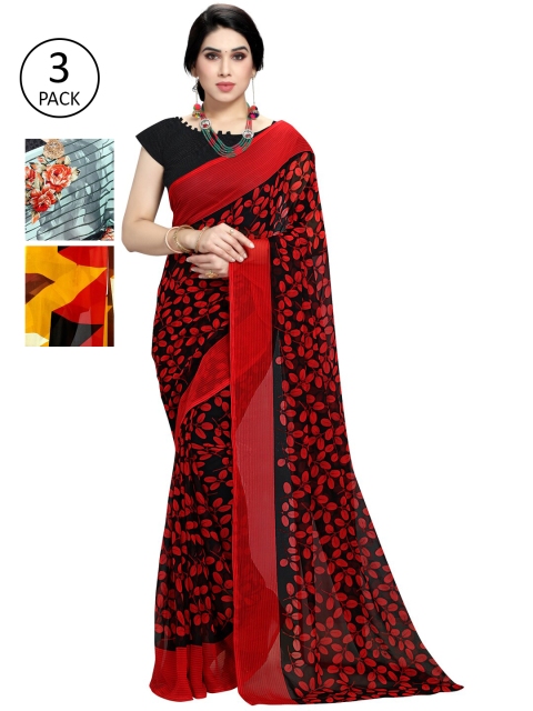 

KALINI Pack of 3 Poly Georgette Saree, Red