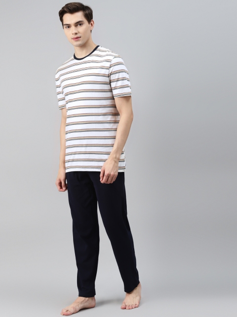 

Marks & Spencer Men White & Navy Blue Striped Cotton Night suit