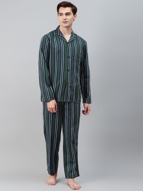 

Marks & Spencer Men Green & Navy Blue Striped Night suit