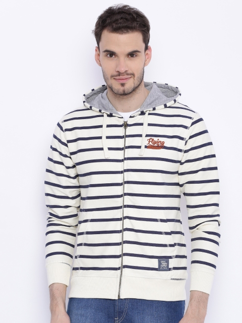 

Flying Machine Off-White & Navy Striped Hooded Sweatshirt