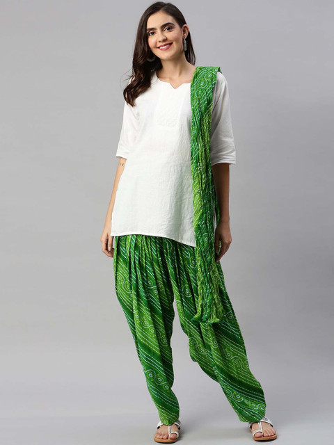 

Soch Women Green & White Printed Pure Cotton Patiala With Dupatta
