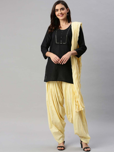 

Soch Women Cream-Coloured Solid Cotton Patiala With Dupatta
