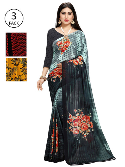 

KALINI Pack Of 3 Printed Sarees, Green