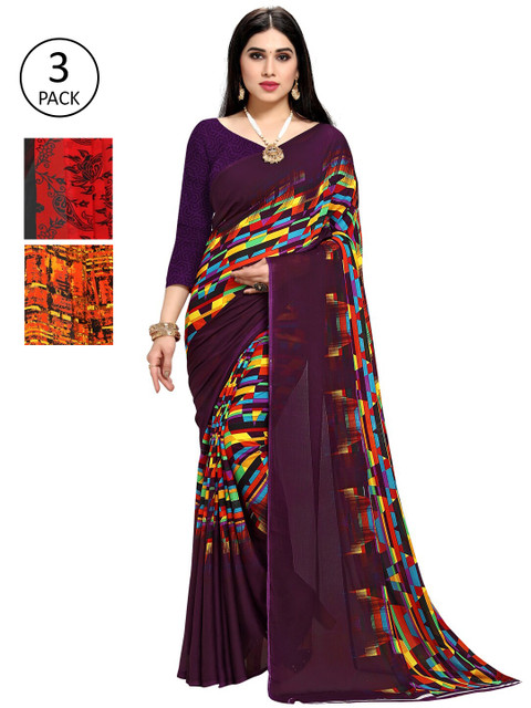 

KALINI Pack Of 3 Printed Saree, Purple