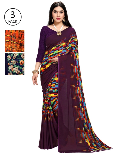 

KALINI Pack Of 3 Printed Sarees, Purple