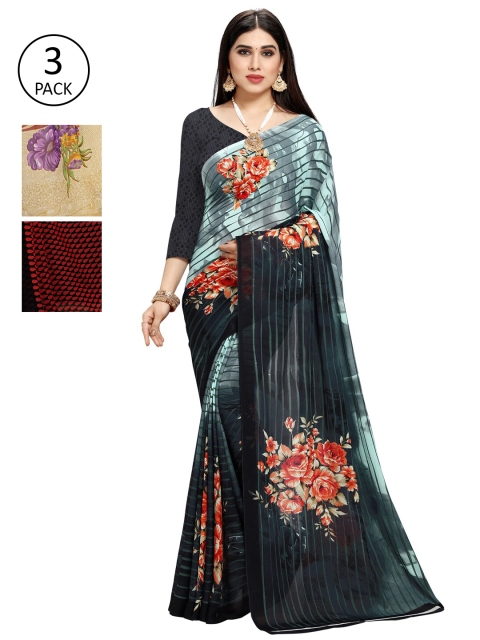 

KALINI Pack Of 3 Printed Sarees, Beige