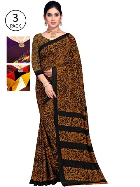 

KALINI Pack Of 3 Printed Sarees, Brown