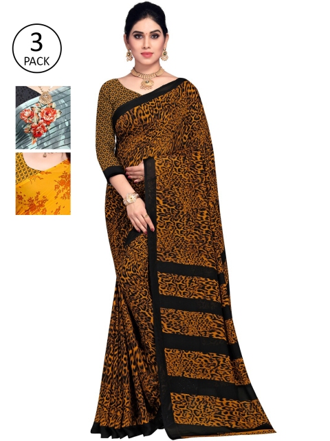 

KALINI Pack Of 3 Printed Sarees, Brown