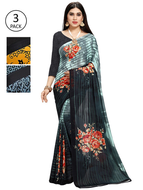 

KALINI Pack Of 3 Printed Sarees, Yellow