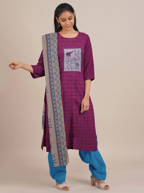 

Pothys Violet & Blue Printed Unstitched Dress Material