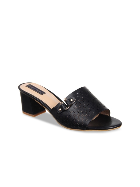

Flat n Heels Black Block Sandals with Laser Cuts