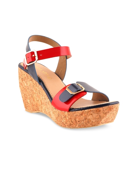 

SCENTRA Blue & Red Colourblocked Wedge Sandals with Buckles