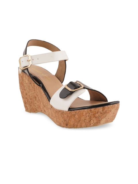 

SCENTRA Black & White Colourblocked Wedge Sandals with Buckles