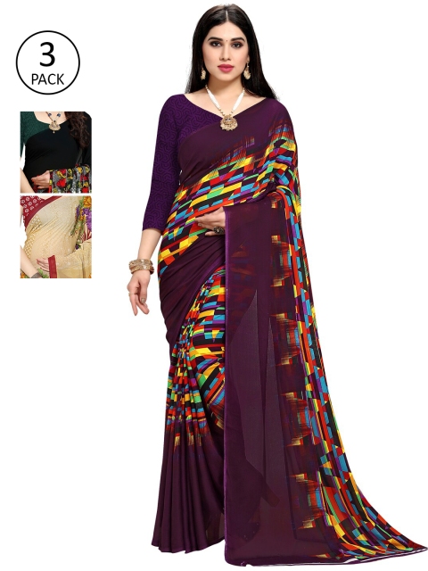 

KALINI Pack Of 3 Printed Sarees, Purple