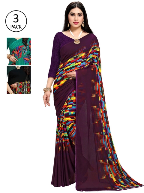

KALINI Pack Of 3 Printed Sarees, Purple