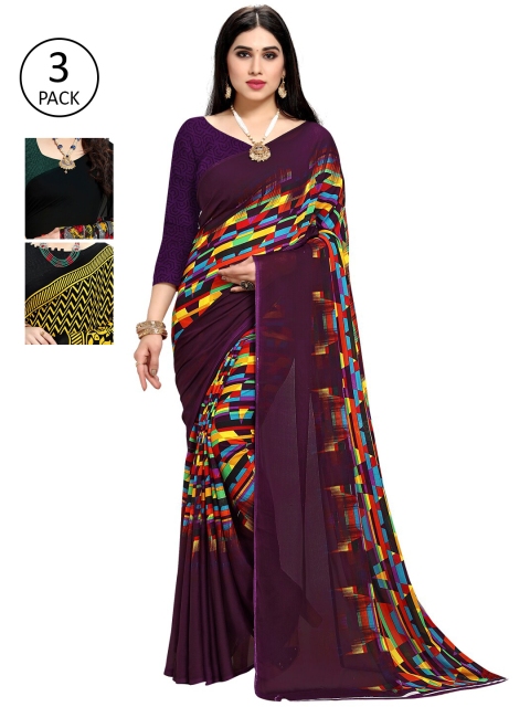 

KALINI Pack Of 3 Printed Sarees, Purple