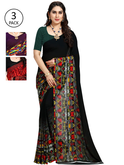 

KALINI Pack Of 3 Printed Sarees, Black