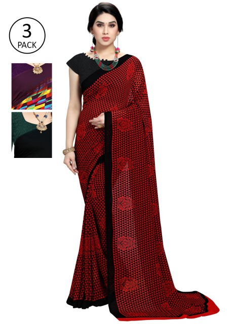 

KALINI Pack Of 3 Printed Saree, Red