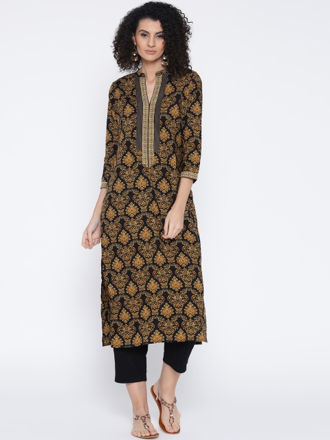 

Vishudh Women Black Printed Straight Kurta