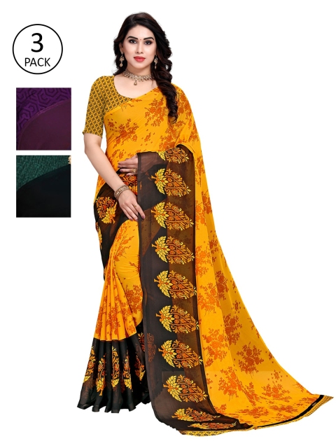 

KALINI Pack Of 3 Printed Sarees, Yellow
