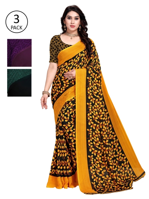 

KALINI Pack Of 3 Printed Sarees, Yellow