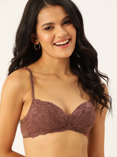 

DressBerry Brown Lace Everyday Bra - Half Coverage Underwired Lightly Padded