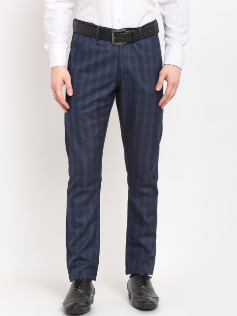

JAINISH Men Navy Blue Checked Formal Trousers