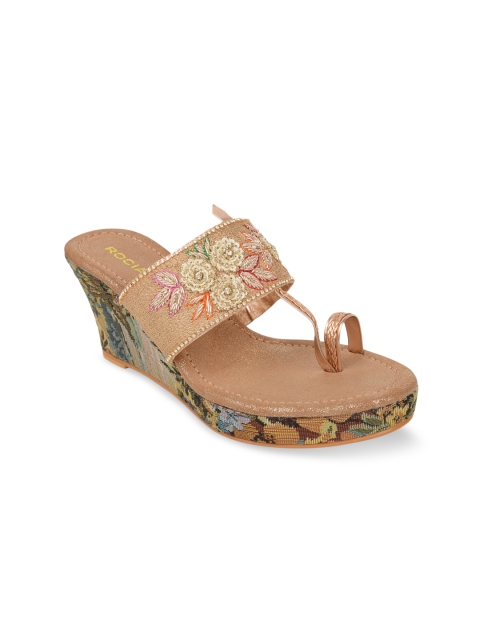 

Rocia Champagne Floral Embroidered & Printed Wedge Sandals