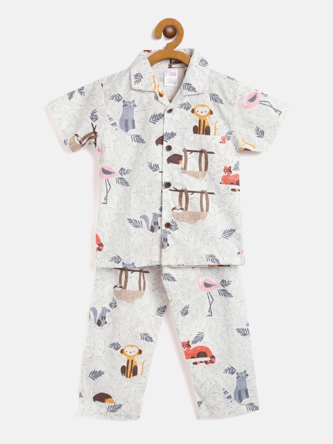 

NAUTI KIDZ Boys White & Grey Animals Print Cotton Pyjamas Set