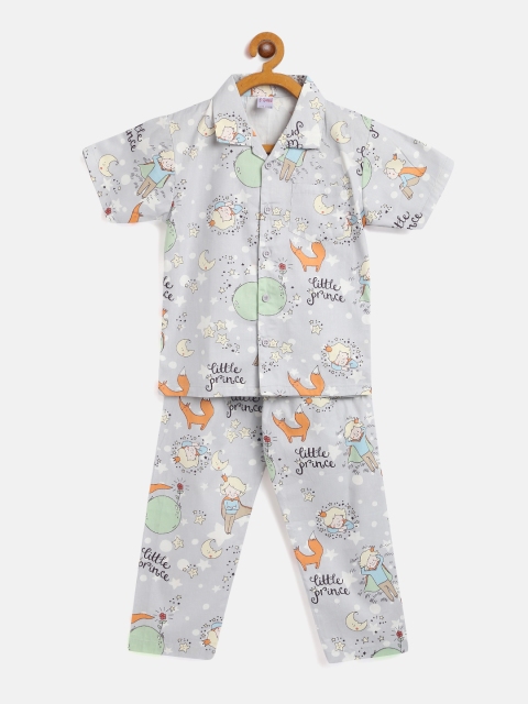 

NAUTI KIDZ Boys Grey & Cream-Coloured Moon & Star Print Pure Cotton Pyjamas Set
