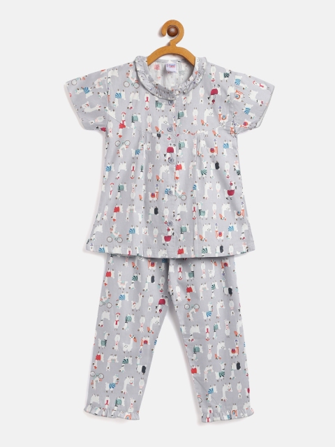 

NAUTI KIDZ Girls Grey & White Cotton Lama Print Night Suit