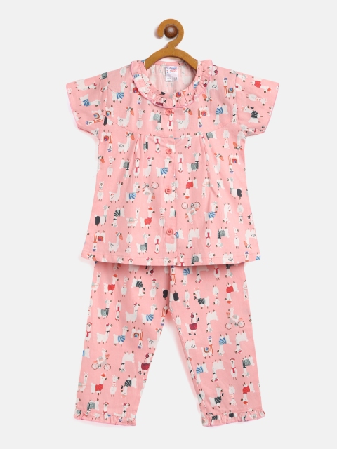 

NAUTI KIDZ Girls Pink & White Lama Print Pure Cotton Pyjamas Set