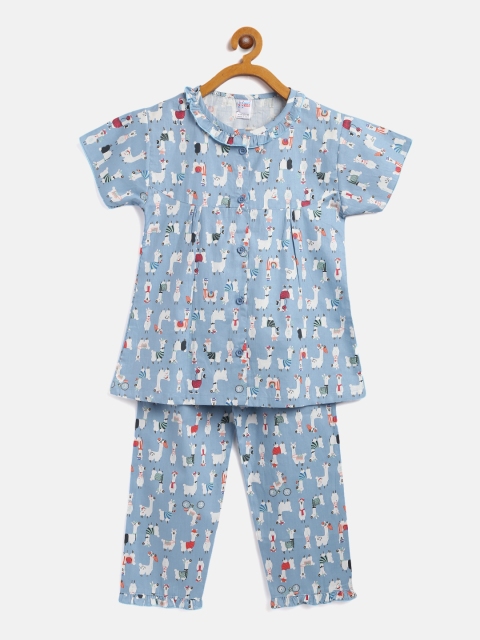 

NAUTI KIDZ Girls Blue & White Lama Print Pure Cotton Pyjamas Set