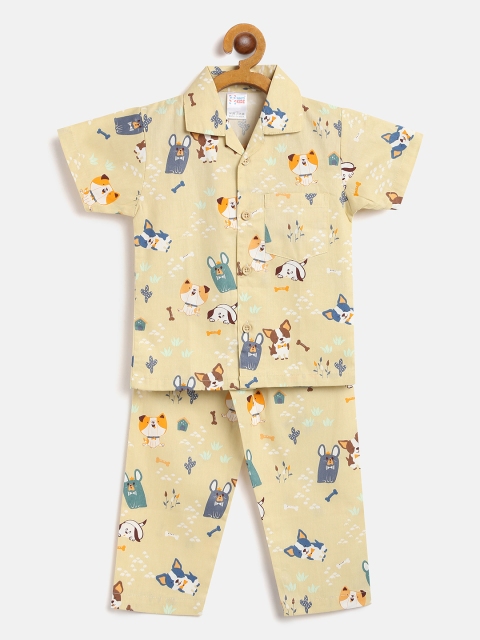 

NAUTI KIDZ Boys Yellow & White Pure Cotton Dog Print Pyjamas Set