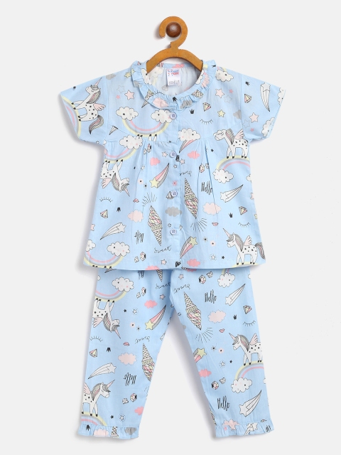 

NAUTI KIDZ Girls Blue & White Unicorn & Ice Cream Print Pure Cotton Pyjamas Set