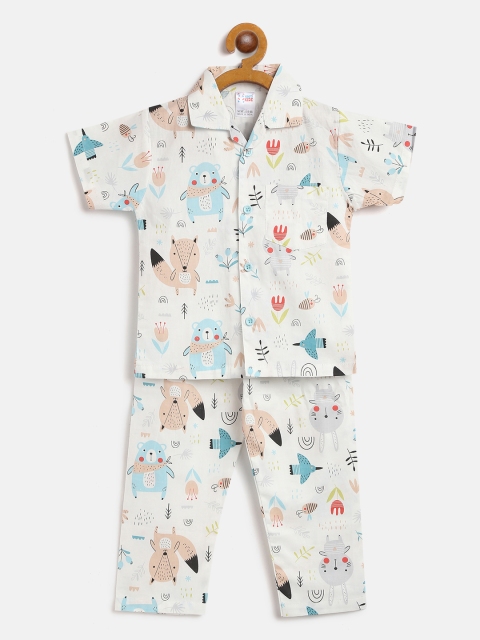 

NAUTI KIDZ Boys Off White & Blue Printed Night suit